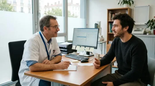 Consultation médicale gynécomastie avec un spécialiste en cabinet