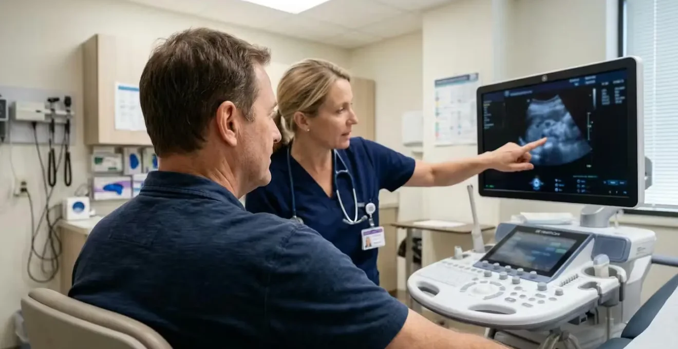 Médecin expliquant une échographie mammaire pour diagnostic de gynécomastie
