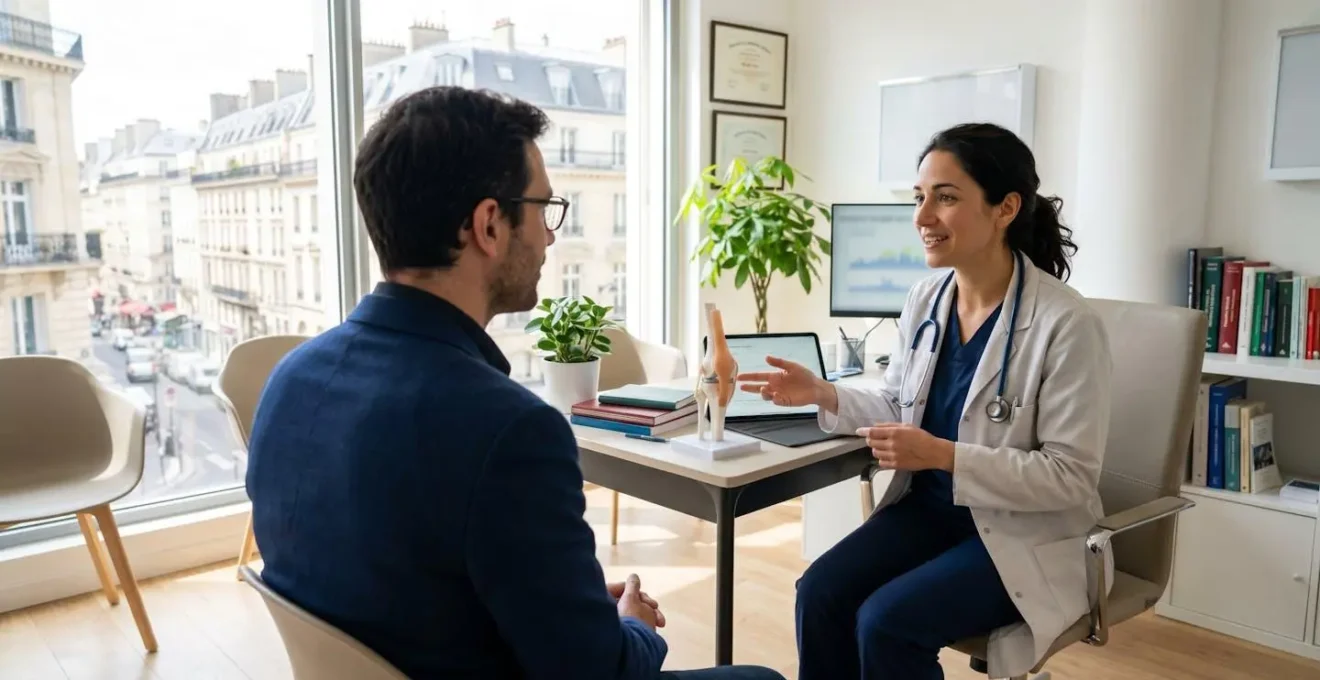 Consultation de chirurgie esthétique : praticien en blouse blanche et patiente vue de profil analysant ensemble des photographies médicales dans un cabinet parisien lumineux