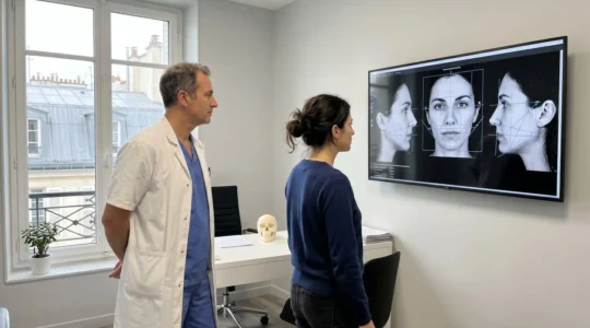 Consultation de chirurgie esthétique : praticien en blouse blanche et patiente vue de profil analysant ensemble des photographies médicales dans un cabinet parisien lumineux