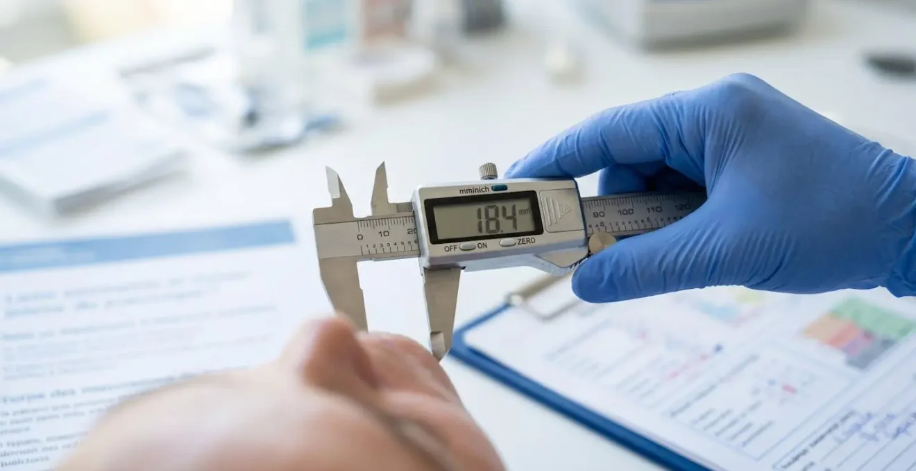 Gros plan sur une main gantée de chirurgien tenant un compas d'épaisseur médical au-dessus d'une analyse morphologique faciale floue en arrière-plan