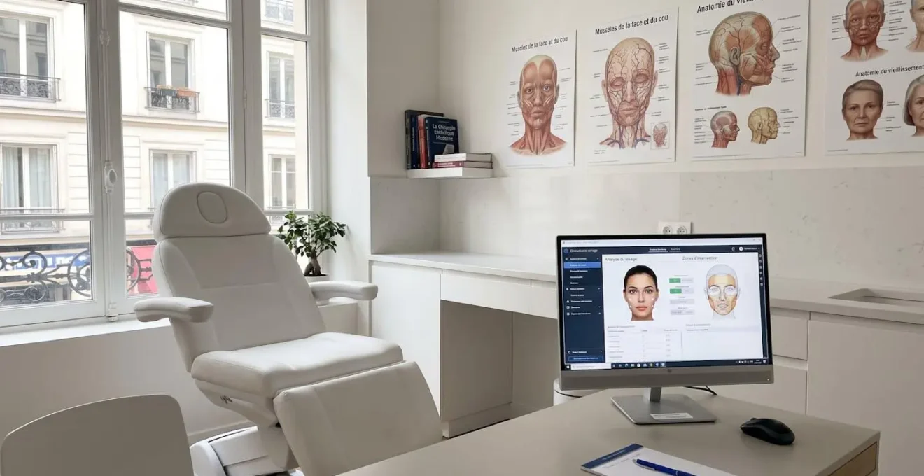 Vue large d'une salle de consultation de chirurgie esthétique contemporaine : fauteuil médical, éclairage naturel abondant par grandes fenêtres, décor épuré blanc et bois clair, ambiance rassurante